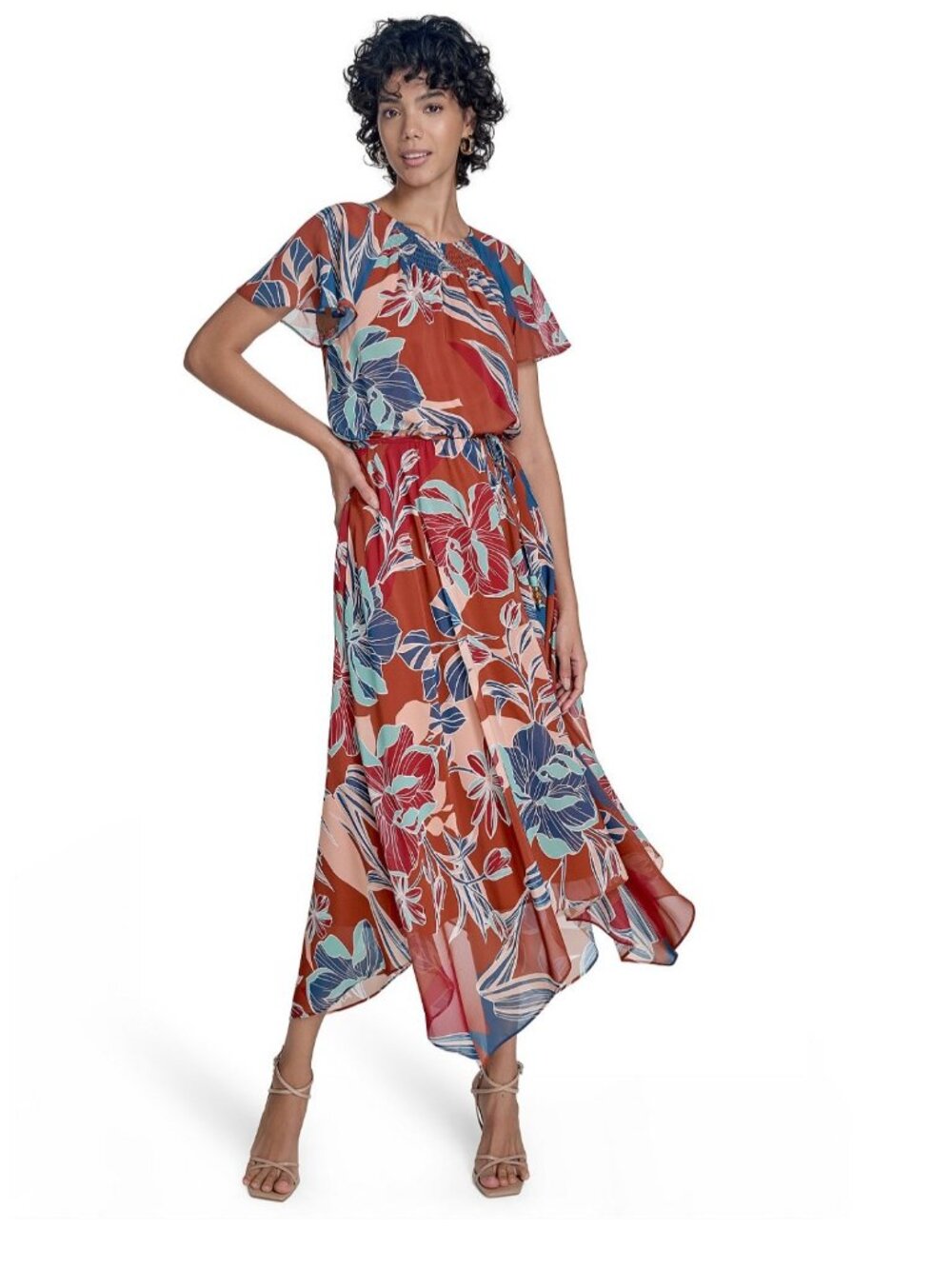 Jessica Howard Womens Floral Print Chiffon Midi Dress With Belt